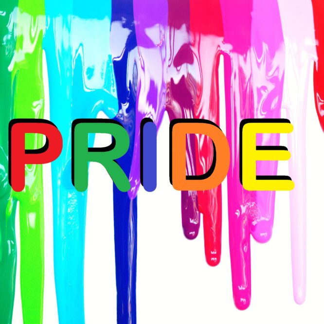 Splatters of paint in rainbow colours with the world Pride superimposed over them